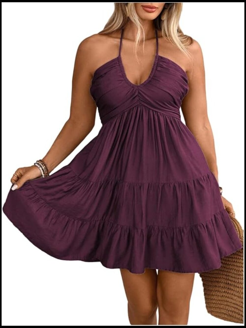 Women's Plus Size Sleeveless Tiered Halter Dress Ruched Tie Back A Line